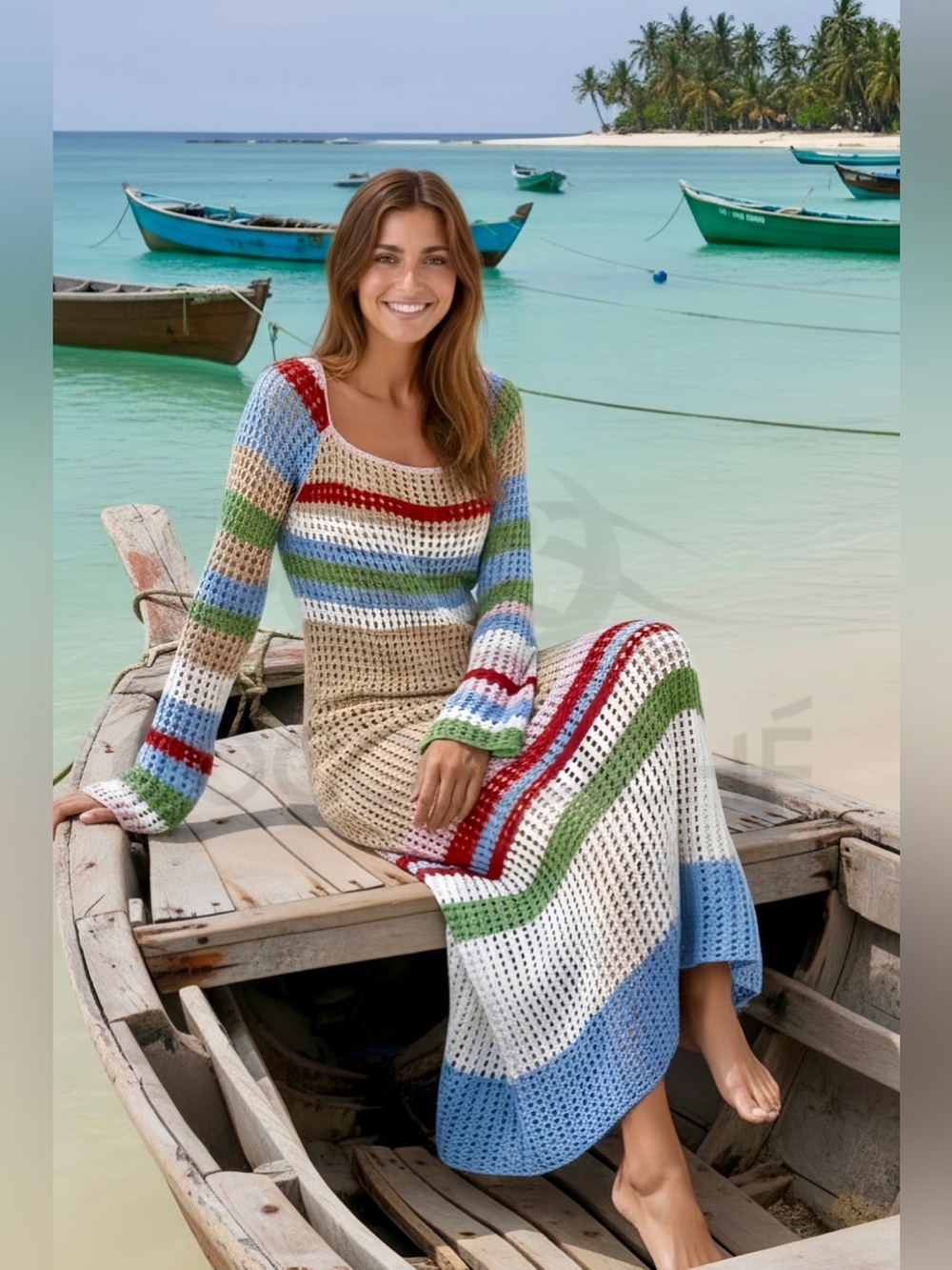 Casual Bohemian Crochet Long Sleeves Color Block Swimsuit Coverup Midi Dress